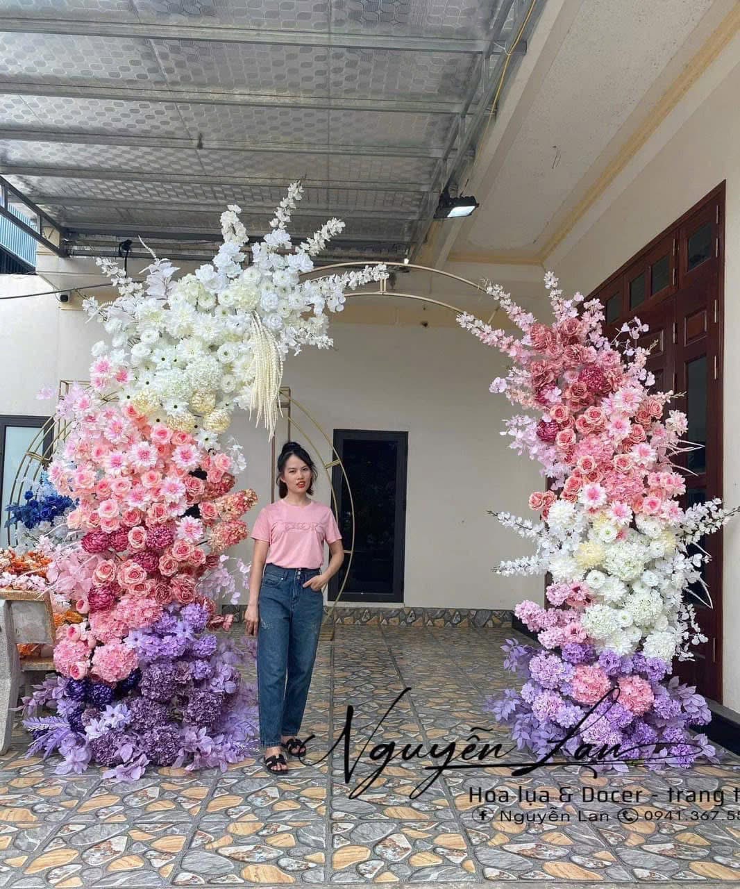 cổng cưới tròn tông hồng tím trắng - CC016